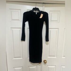 Popilush Women XS Midi Black Long Sleeve Ribbed Dress W/ Inner Shapewear NWT LBD